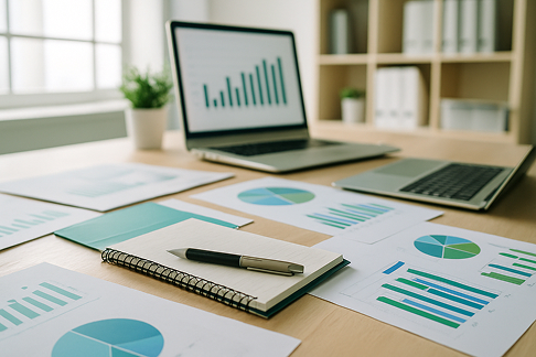 Bureau avec documents financiers et calculatrice