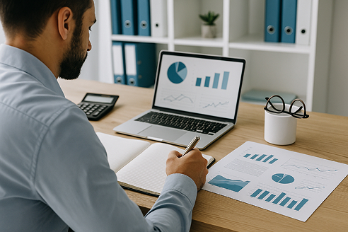 Homme travaillant sur ordinateur avec graphiques