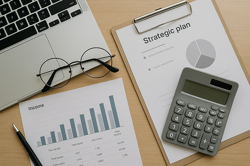 Bureau moderne avec graphiques et ordinateur portable